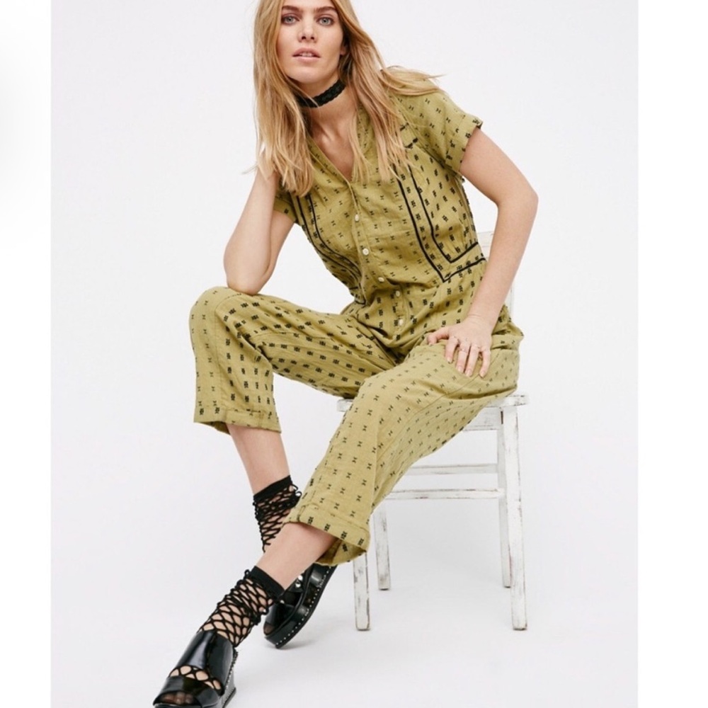 Free People Olive Green Printed Short-Sleeve Jumpsuit
